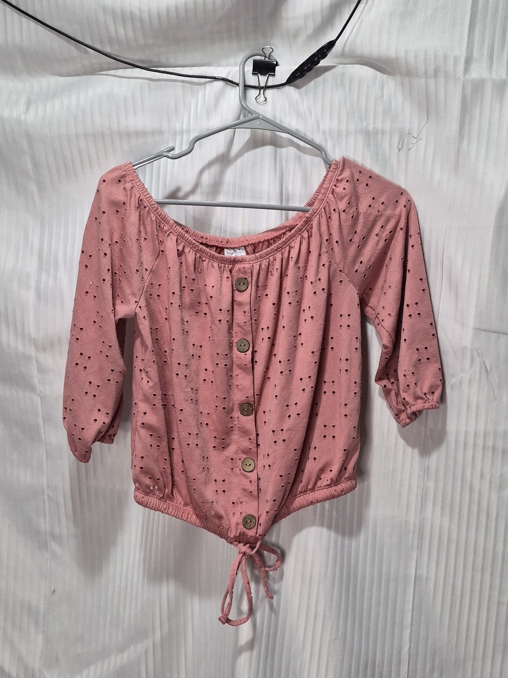 Pink Eyelet Button-Front Blouse with Drawstring Hem Size Small